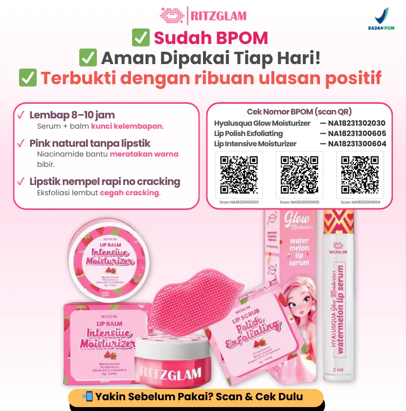 Produk lip care RitzGlam sudah BPOM, aman dipakai tiap hari, bibir lembap & pink natural.