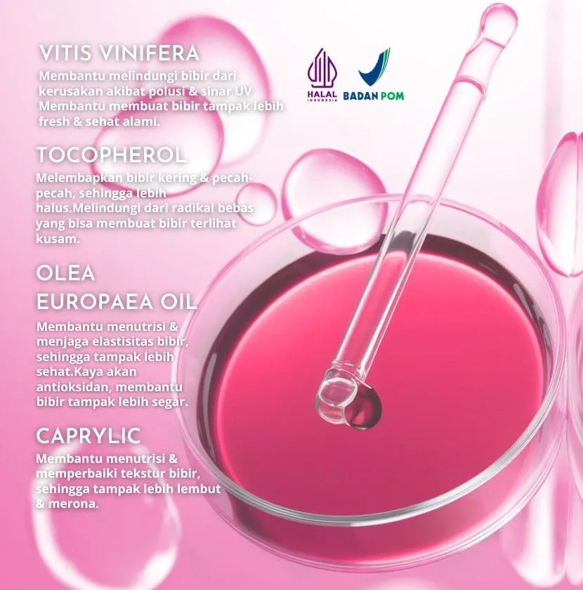 Kandungan aktif RitzGlam Lip Care – Vitis Vinifera, Tocopherol, Olea Europaea Oil, dan Caprylic untuk bibir sehat & glowing.
