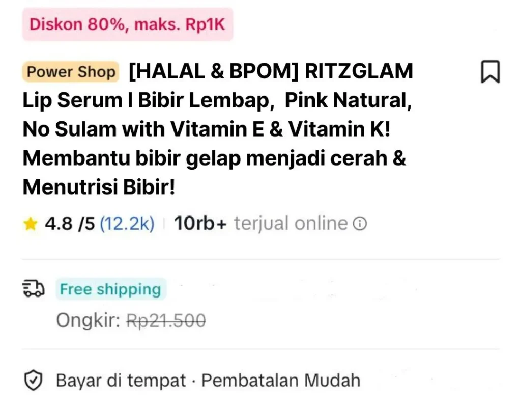 RitzGlam Lip Serum halal & BPOM – bibir lembap, pink natural, no sulam, dengan Vitamin E & K untuk bibir cerah dan sehat.