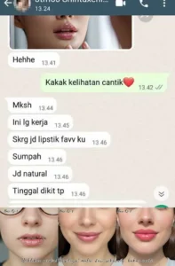 Testimoni WhatsApp RitzGlam – bibir kering berubah jadi pink natural & lembap dalam 7 hari.