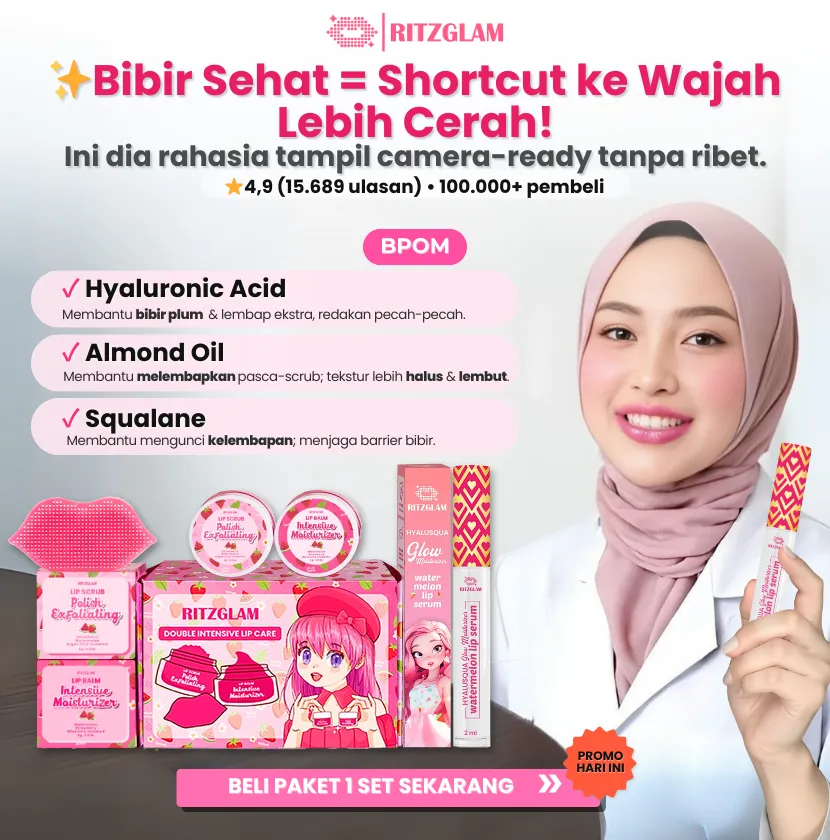 RitzGlam Lip Care dengan Hyaluronic Acid, Almond Oil, dan Squalane – Bibir sehat pink natural, wajah lebih cerah, BPOM, 100.000+ pembeli