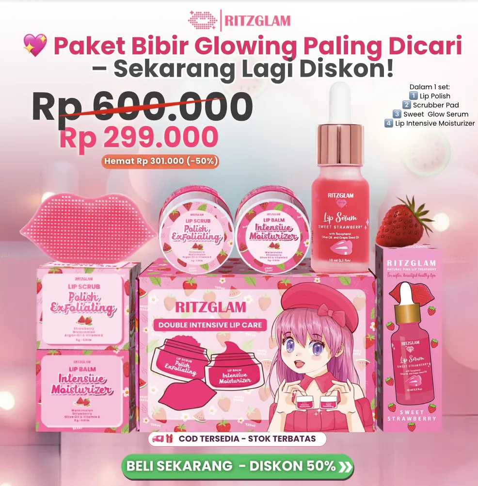 Promo Lip Serum RitzGlam Sweet Strawberry – diskon spesial dari Rp150K jadi Rp299K, bibir lembap & pink natural.