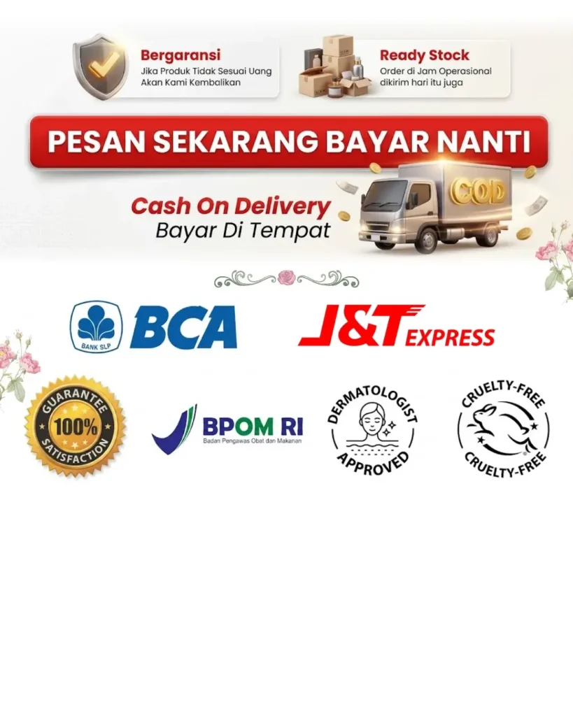 Metode pembayaran COD, transfer BCA, pengiriman J&T Express, serta sertifikasi BPOM, Dermatologist Approved, dan Cruelty-Free untuk produk RitzGlam
