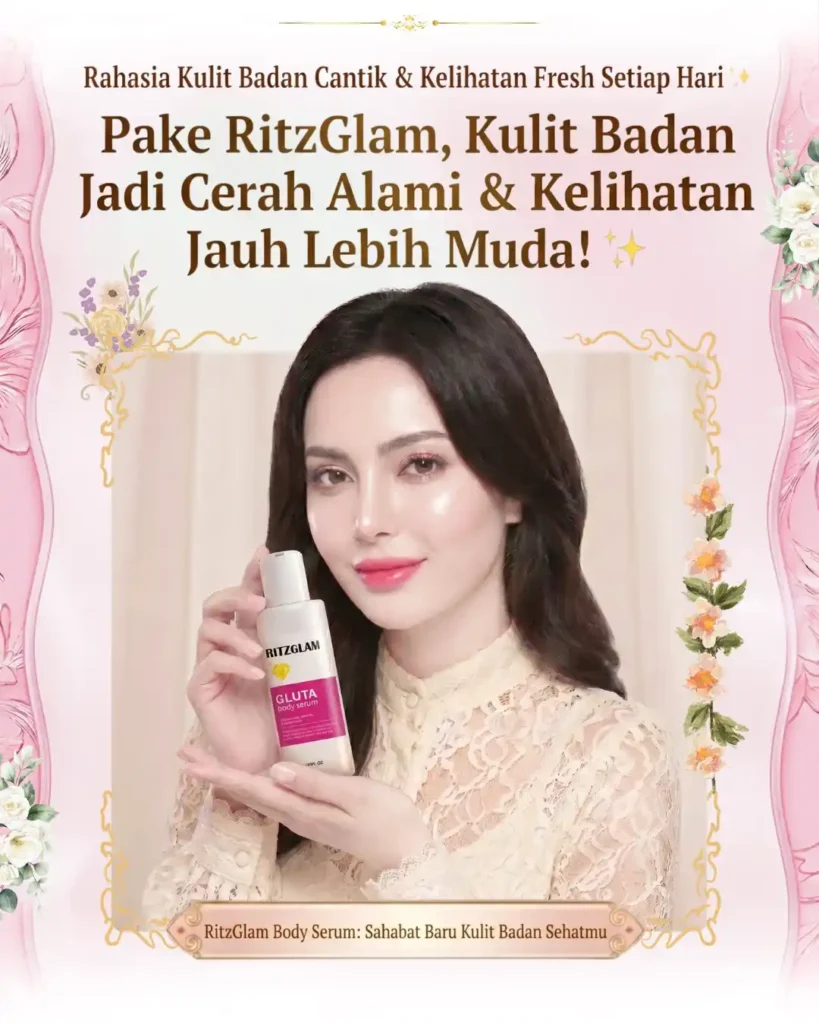 Model memegang RitzGlam Gluta Body Serum, produk pencerah kulit badan untuk hasil kulit cerah alami dan awet muda