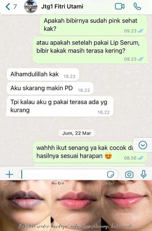 Screenshot chat WhatsApp testimoni pelanggan RitzGlam mengenai hasil bibir pink sehat dan transformasi 7 hari
