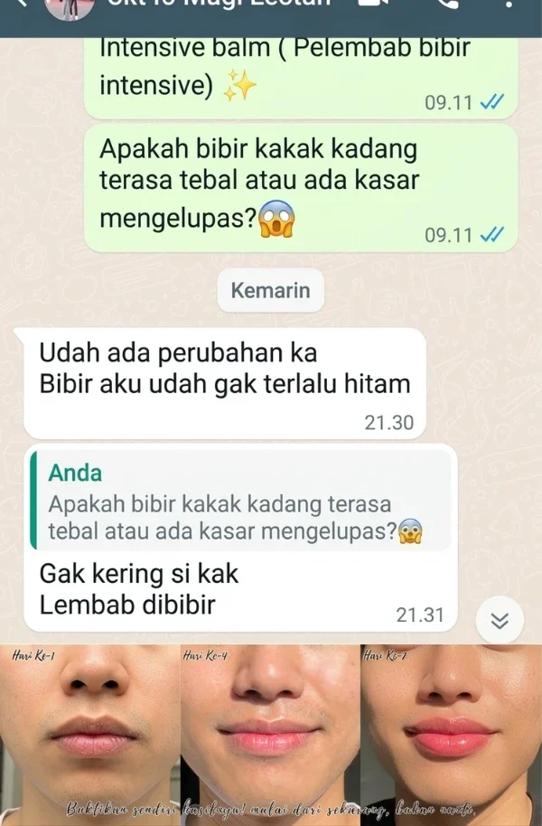 Screenshot chat WhatsApp testimoni pelanggan RitzGlam hasil bibir cerah dan lembap dalam 7 hari