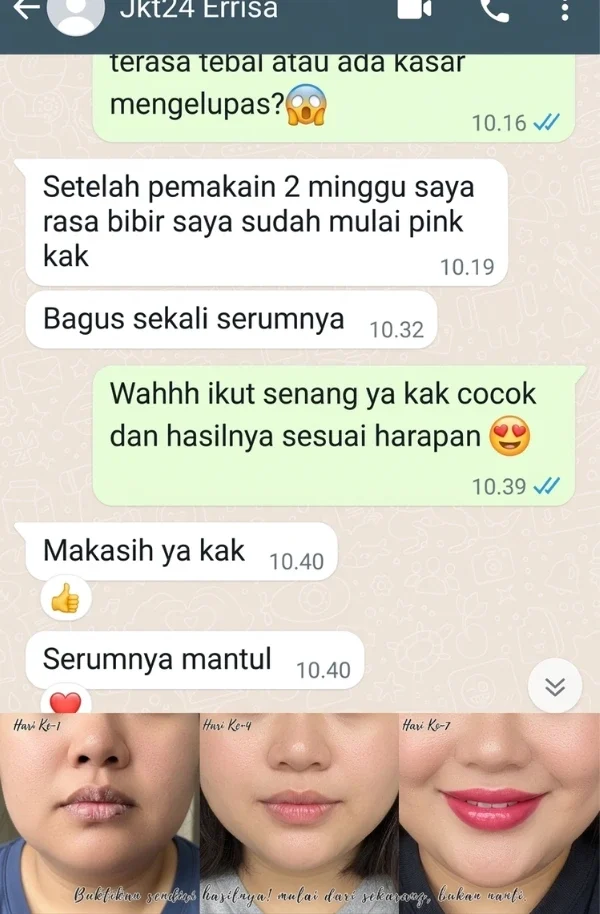 Testimoni chat WhatsApp pelanggan RitzGlam mengenai hasil nyata lip serum membuat bibir pink dalam 2 minggu
