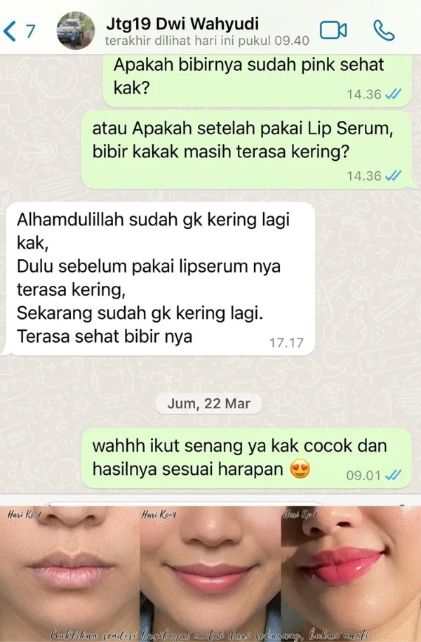 Screenshot chat WhatsApp testimoni pelanggan RitzGlam hasil bibir lembap dan tidak kering dalam 7 hari