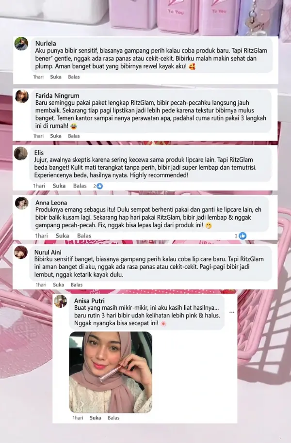 Kumpulan ulasan positif pelanggan RitzGlam tentang hasil nyata perawatan bibir untuk bibir sensitif dan pecah-pecah