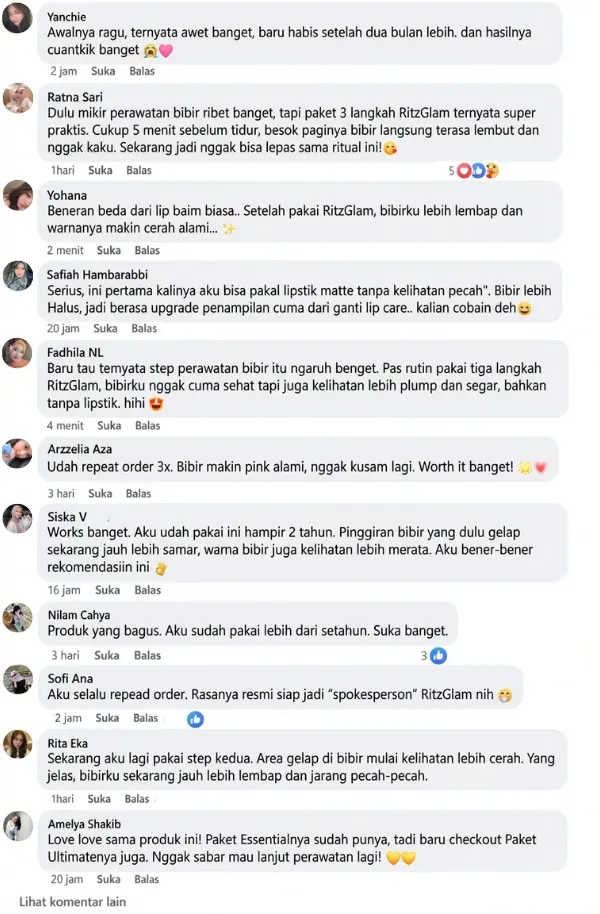 Kumpulan ulasan pelanggan RitzGlam tentang keawetan produk, kemudahan rutinitas 3 langkah, dan hasil bibir cerah alami