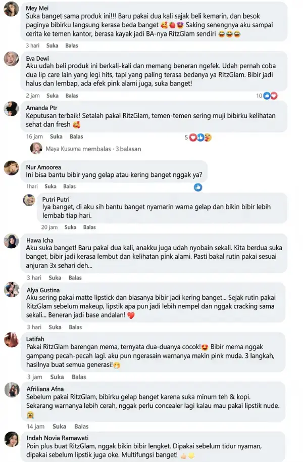 Kumpulan testimoni pelanggan RitzGlam: bibir lembap, pink alami, cerah, dan base makeup anti-lengket