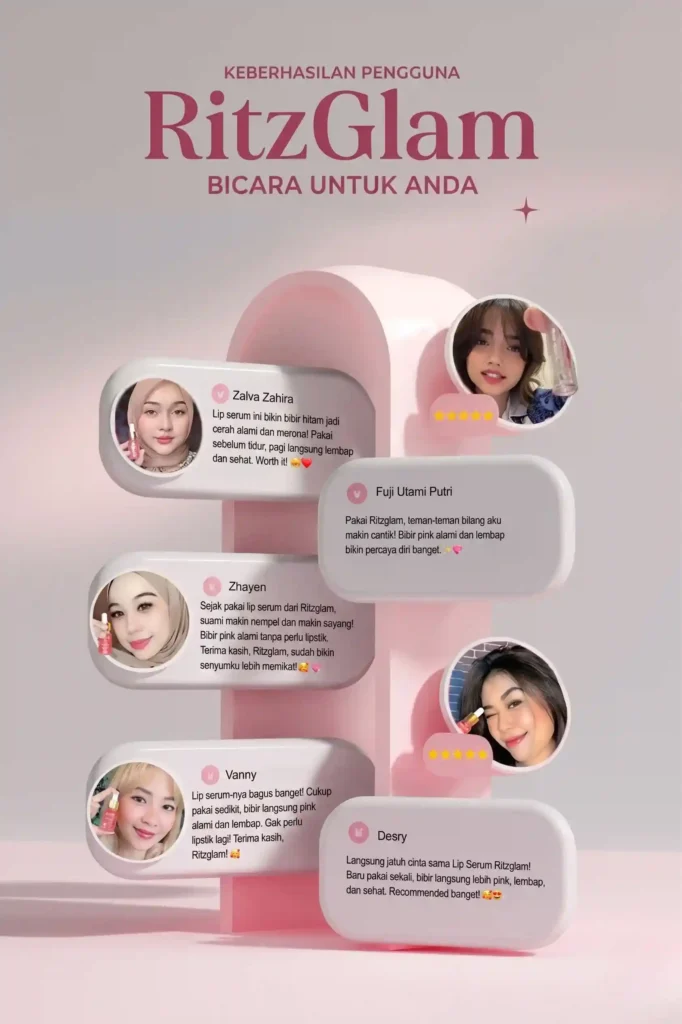 Kumpulan testimoni asli pengguna Lip Serum RitzGlam yang berhasil mencerahkan bibir hitam menjadi pink alami dan lembap.