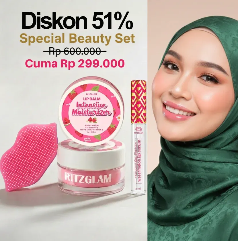 Promo Special Beauty Set Ritzglam diskon 51 persen paket lengkap Lip Balm Intensive Moisturizer dan Watermelon Lip Serum.