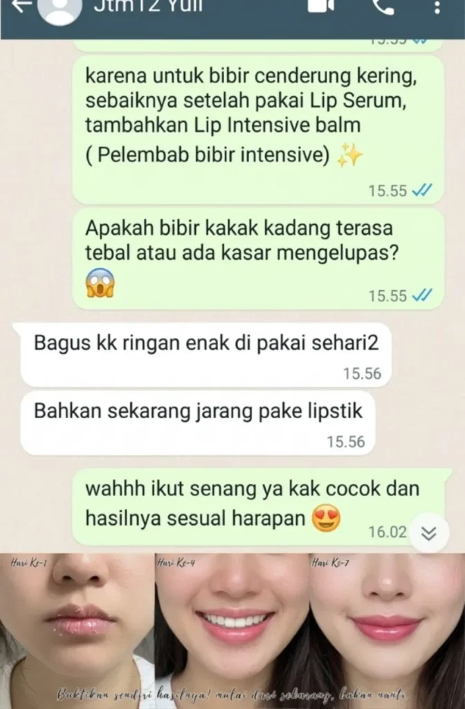 Screenshot chat WhatsApp testimoni pelanggan RitzGlam: lip serum ringan, nyaman, dan hasil bibir pink sehat dalam 7 hari